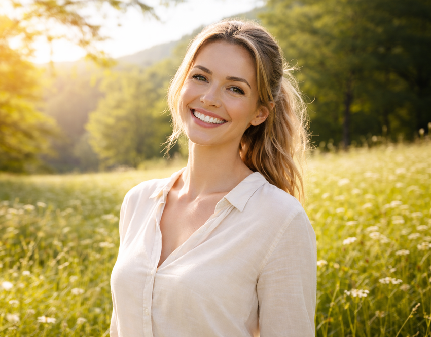 Eine lächelnde Frau steht in der Natur und die Sonnen scheint sie durch die Bäume an.